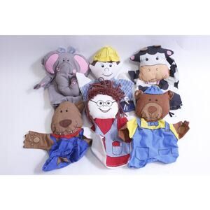 Hand Puppets, Set of Six, Elephant, Cow, Bear, Dog, Man, Worker, Woman, Cute
